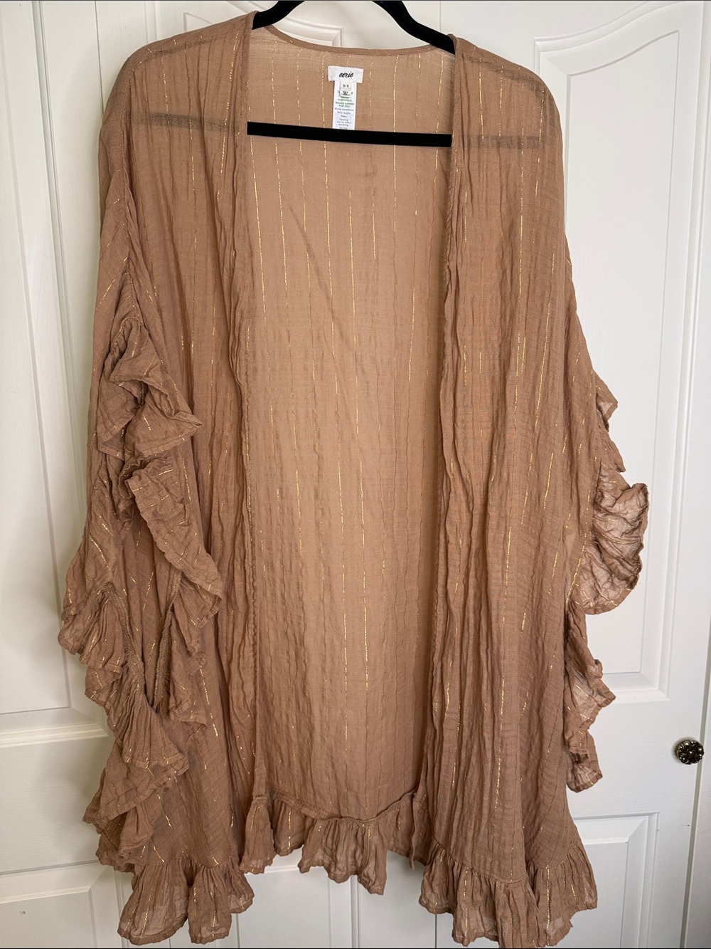 Aerie Tan Ruffled Cover-Up with Subtle Gold Stripe - Picture 2 of 6